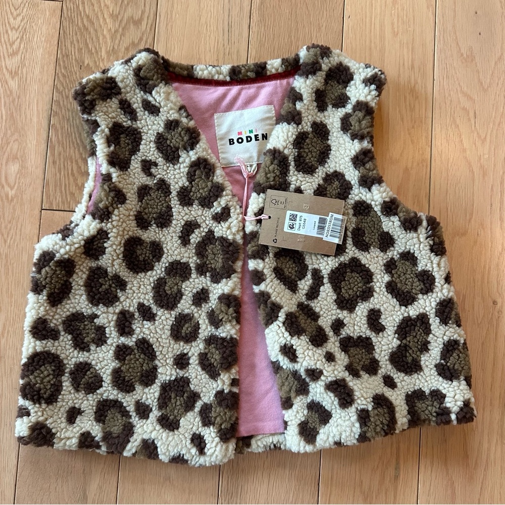 Mini Boden Sherpa Leopard Print Vest NWT Textured Fleece Sz 4-5 Cream Brown Pink